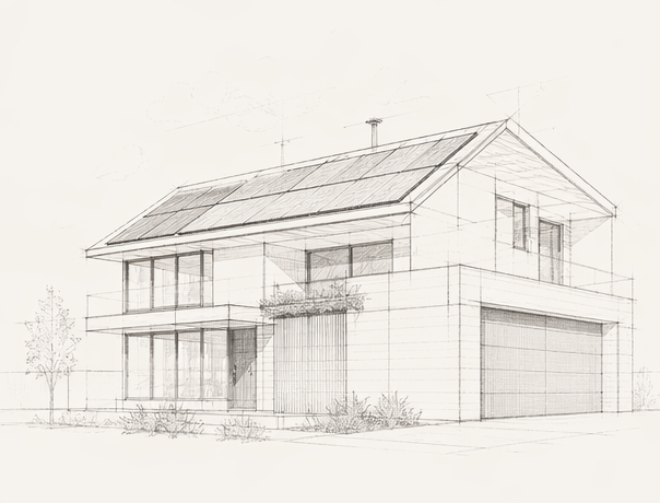 Architectural sketch of a detached home with rooftop solar